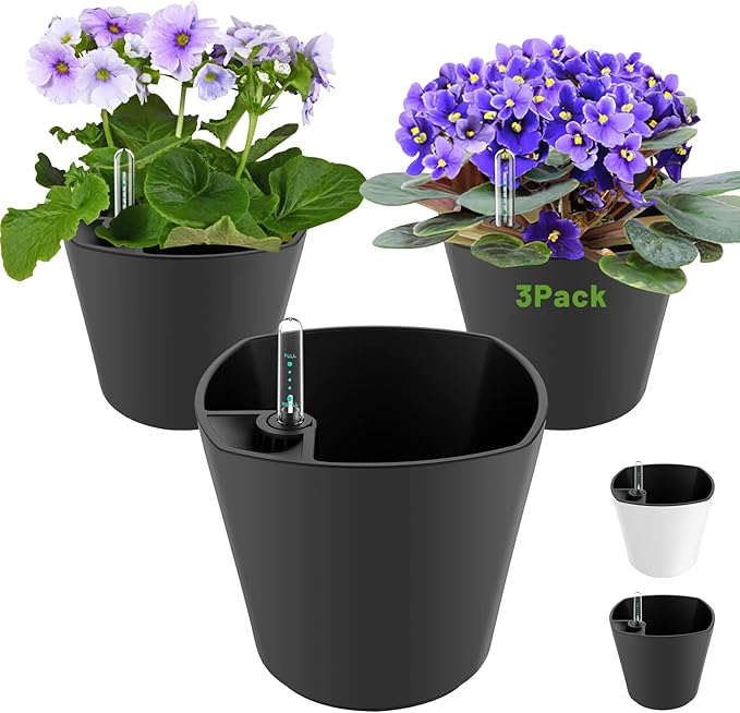 Self Watering Planters for Indoor Outdoor Plants 7 inch Flower Pot with Water Level Indicator Grey 3 Pack African Violet Self Watering Pots for All Orchid agave etc. House Plant Plastic Planter