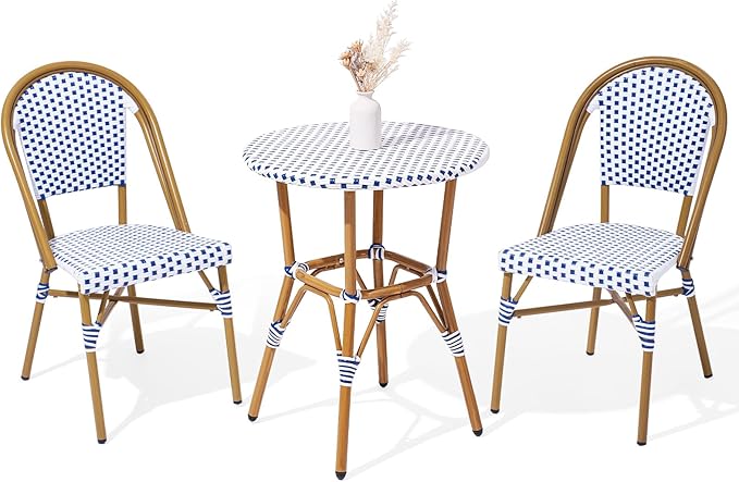 3 Piece French Wicker Bistro Set, Patio Bistro Set with Table and 2 Dining Chairs, All Weather ‎Outdoor ‎Bistro Set with Aluminum Frame, Outdoor Patio Set for Patio Porch Cafes Yard, Navy and White