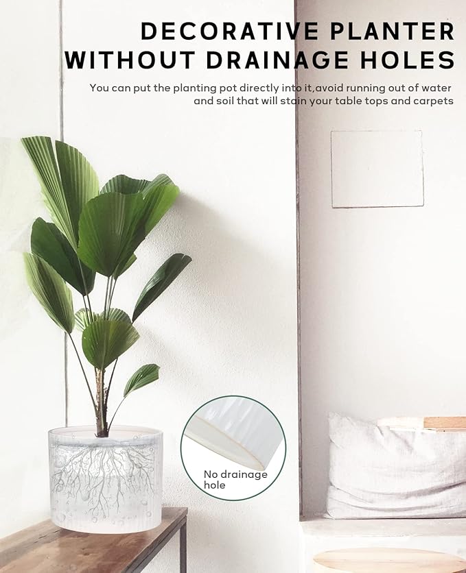 LaDoVita Ceramic Plant Pot with Stand, 10 Inch Planter with Wood Shelf, Modern Round Flower Pots Indoor with Wood Planter Holder, White Water Ripple Pattern