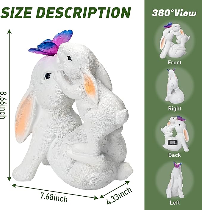 Easter Bunny Figurines Solar Garden Outdoor Statue with Butterfly Decorations Lights Easter Bunnies Decor Gifts for Women Mom Rabbit Statue for Outside Yard Patio Garden Lawn Ornament