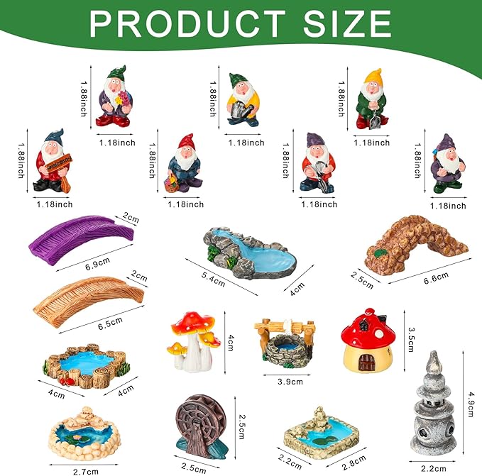 Unittype 19 Pcs Miniatures Fairy Gnome Resin Figures Garden Accessories Mushroom House Figures Fake Pond Lawn Bridge Figurines Terrarium Ornaments Garden Decoration for Outside(Gnome)