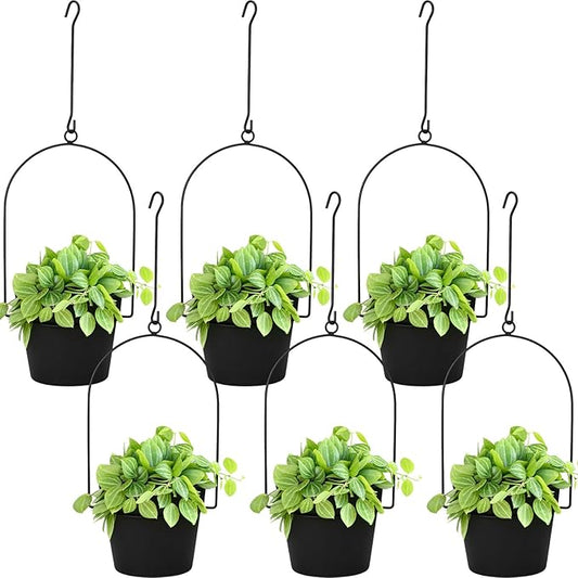 Hushee 6 Packs Metal Hanging Planters for Outdoor Indoor Plants Plant Hanger with 6.3'' Plastic Pots Hanging Planter Basket for Garden Home Porch Decor