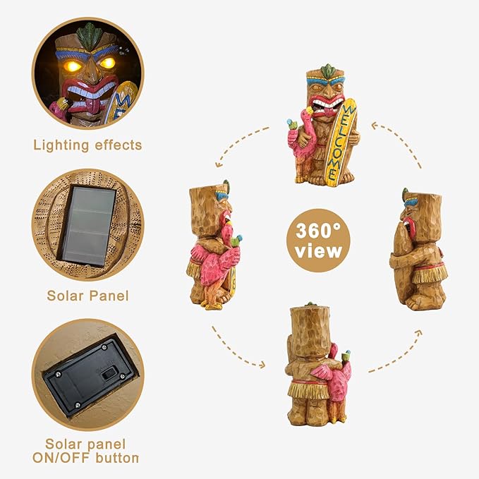 Welcome Tiki Statue with Surfboard Flamingo-Solar Outdoor Decor - Tiki Man with Automatic Switch On Flickering Eyes LED Light for Tiki Bar Decorations, Patio, Balcony, Yard,Lawn,Gifts
