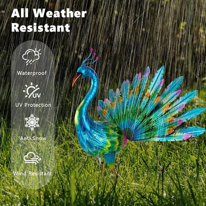 VEWOGARDEN Peacock Outdoor Statues Metal Peacock Tail Spread Garden Sculptures & Statues for Yard Lawn Patio Pool Outside Decorations, Blue