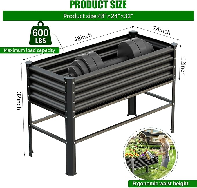 Raised Garden Bed with Legs, 48×24×32in Large Metal Elevated Raised Planter Box,600lb Capacity with Drainage Holes for Vegetables Lawn Green Flowers, Fruits, Terrace