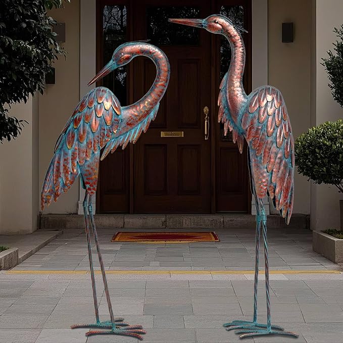 Kircust Metal Crane Statues - Set of 2 Bronze Heron Sculptures for Garden, Patio, or Yard Decor - 27.56" Tall Weatherproof Outdoor Art