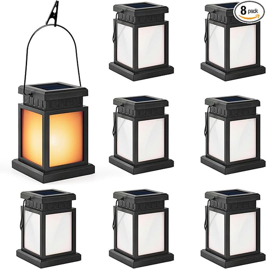 GIGALUMI Solar Lanterns Outdoor Waterproof, 8 Pack Hanging Solar Lanterns for Outside, Flame Effect Outdoor Lights for Pathway, Garden, Patio, Lawn, Porch, Gazebo, Tent, Tree, Yard(Flickering Lights)