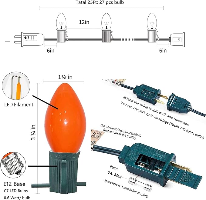 Abeja C7 LED Multicolor 25Ft Outdoor Ceramic String Lights with 27 Multicolor LED Bulbs, Vintage Christmas Lights for Indoor/Outdoor Party, Yard, Garden, Patio, Home, Easter Decor