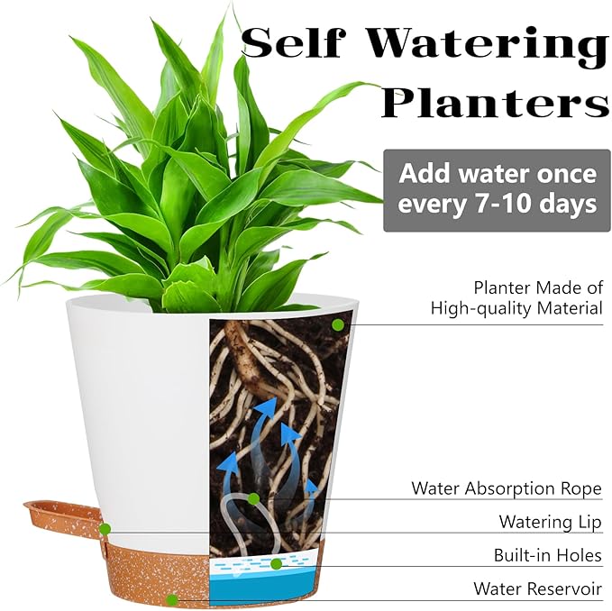 Plant Pots Outdoor 8/7.5/7/6.5/6/5.5/5Inch 7Pack, Planting Pots for All House Plants White Plastic Planters Outdoor Flower Pots Nursery Planting Pot with Drainage Hole and Deep Reservoir