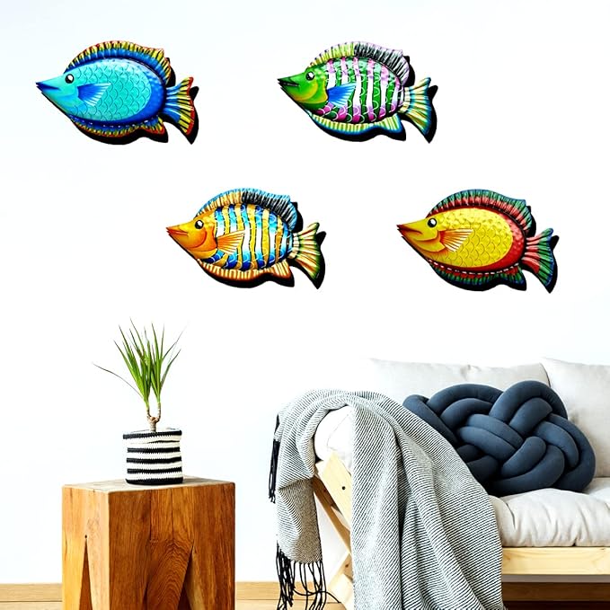 HHgrowe 11.8 Inches Hand-Painted Metal Fish Art Wall Decor Coastal Ocean Sea Hanging Decorations Garden Pool Decor Set of 4 Colorful Outdoor or Indoor Wall Sculptures …