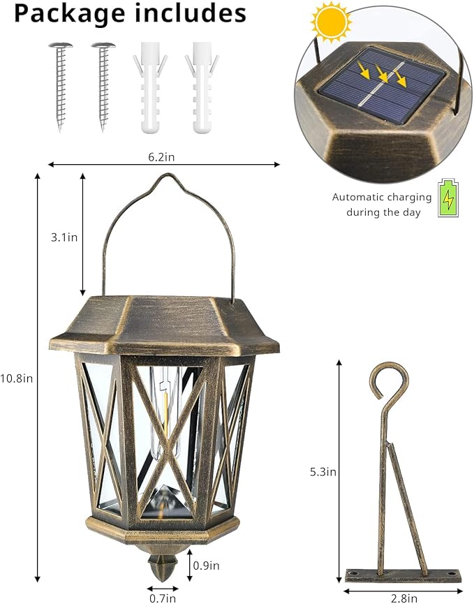 Solar Lantern Outdoor Waterproof, Metal Solar Lights Outdoor with Clear Glass, LED Solar Powered Lights Wall Mount for Yard Garden Wall Outdoor, Bronze - 2 Pack