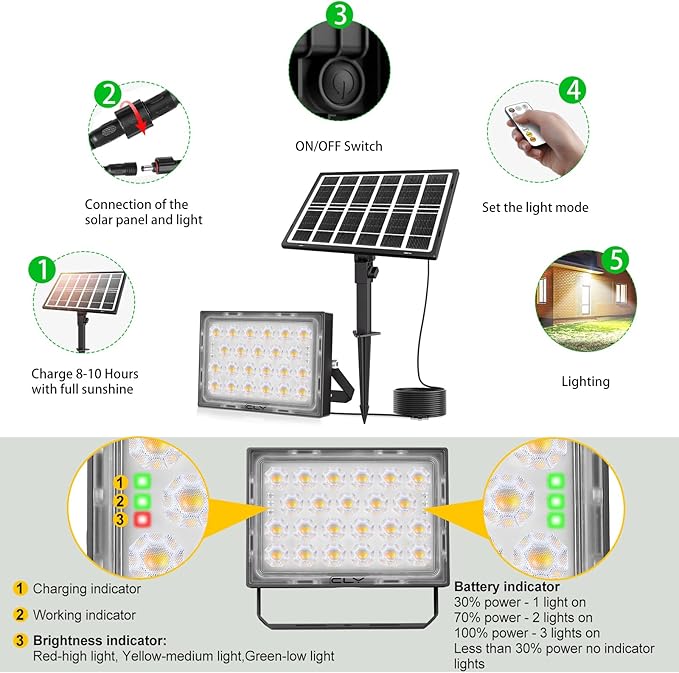 CLY LED Solar Lights Outdoor IP66 Waterproof, Bright Solar Dusk to Dawn Light 5000mah, Adjustable Angle, Solar Powered Security Flood Light 5M Cable for Wall Porch Shed Barn 2700K 4000K 6000K