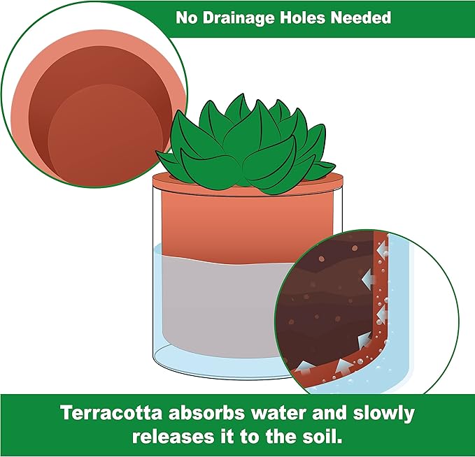 Phoenix Vine 4 Inch Self Watering Plants Pot, Design Terracotta Pot for Plants, Indoor Cylinder Terra Cotta Planter with Glass Vase, Set of 4, 51-A-E-4