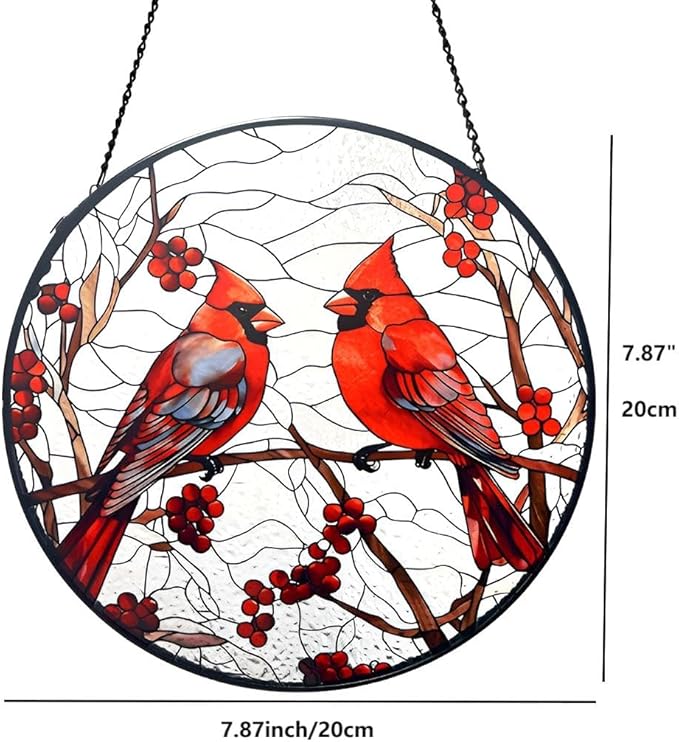 Cardinal Red Bird Suncatcher Stained Glass Suncatchers 7.87 Inch Stained Glass Ornament for Home Decor Indoor Wall Art for Christmas Day Valentine's Day Mother's Day Women