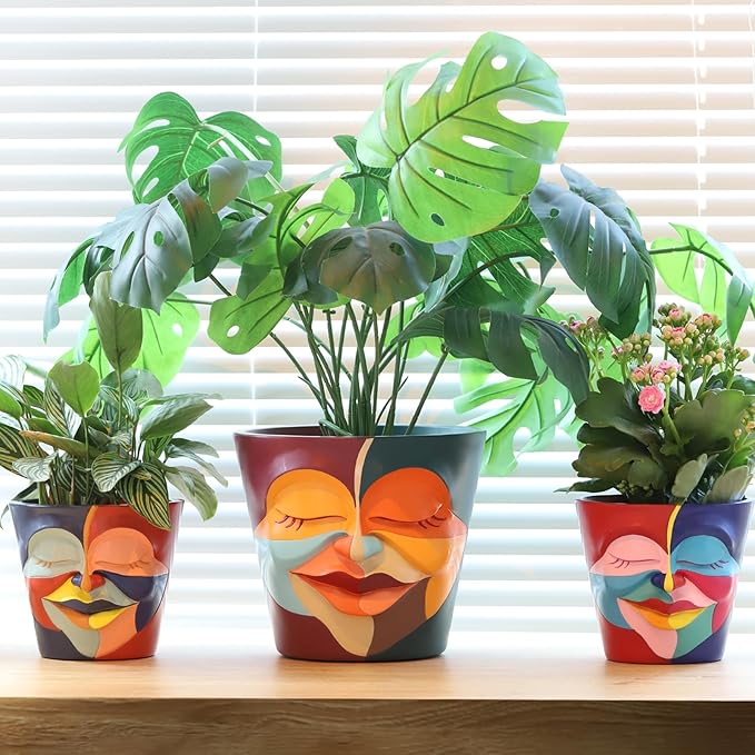 GUGUGO 8 Inch Planter Abstract Rainbow Face Pots for Plants, Unique Head Planters Pots with Drainage, Cute Eclectic Flower Pots for Garden, Colorful Funny Room Decor (Mainly Green)
