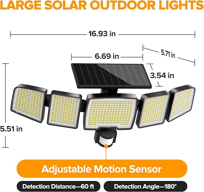 UME Solar Outdoor Lights 620 LED 4500LM, IP65 Waterproof Motion Sensor Outdoor Lights, 5 Heads Solar Security Flood Light 270 Wide Lighting Angle with 3 Modes for Garden Patio Yard - 2 Pack