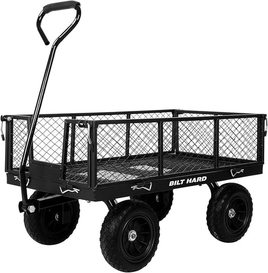 BILT HARD 10" Flat Free Tires Heavy Duty Garden Cart with 180° Rotating Handle and Removable Sides, 4 Cu.Ft 880 lbs Capacity Utility Steel Wagons for Outdoor, Yard