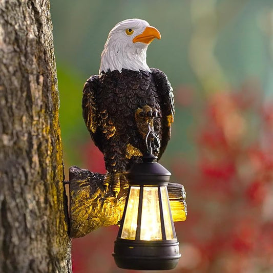 Eagle Tree Hugger with Solar Lantern - 8 Inch Resin Eagle Statue for Outdoor Garden Decor - Ideal Eagle Housewarming & Birthday Gifts for Grandma Mom Women