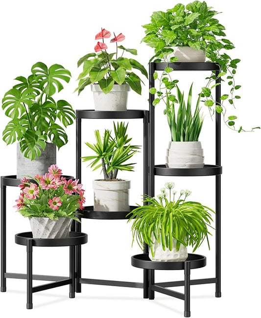 iDavosic.ly 7 Tier Large Plant Stand Indoor with 10 Inch Wide Tray, Tiered Corner Metal Outdoor Flower Display Holder Shelf, Folding Tall Rack for Patio Porch Living Room, Modern Black