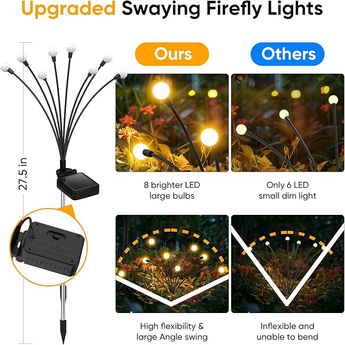 Solar Lights Outdoor Garden Decor: Unique Gardening Gifts for Mom - 4 Pack 32 LED Firefly Solar Powered Lamps - Sway by Wind Outside Waterproof Solar Lights for Yard Pathway Landscape Decorations