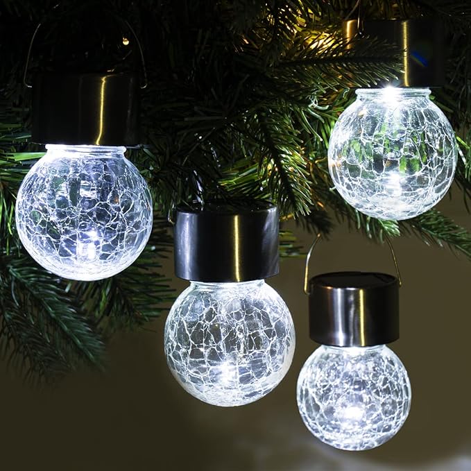 GIGALUMI 8 Pack Solar Hanging Lights, Christmas Decoration Lights with Multi-Color Changing Cracked Glass Hanging Ball Solar Outdoor Lights Waterproof Solar Lanterns for Garden, Yard, Patio, Lawn