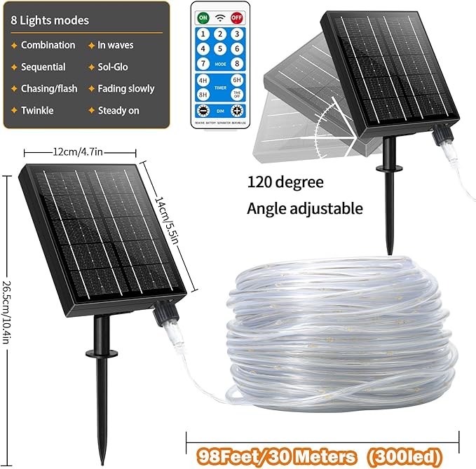 98FT Waterproof 300LEDs Solar Rope Lights, Type C Charging, Remote-Controlled, for Outdoor Pathway Pool Patio Party Garden Yard Palm Tree Holidays (Brighter - Warm White)