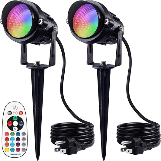 SUNVIE Christmas Spotlights Outdoor Waterproof 6W Color Changing RGB Landscape Lights with Remote Control, 2 Pack for Garden Yard Trees Decorative