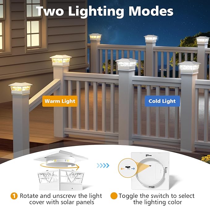 NIORSUN Solar Post Lights Outdoor 12 Pack, 2 Modes LED, Deck Fence Post Solar Lights for 3.5x3.5 4x4 5x5 5.5x5.5 Caps Patio Garden Decoration, White