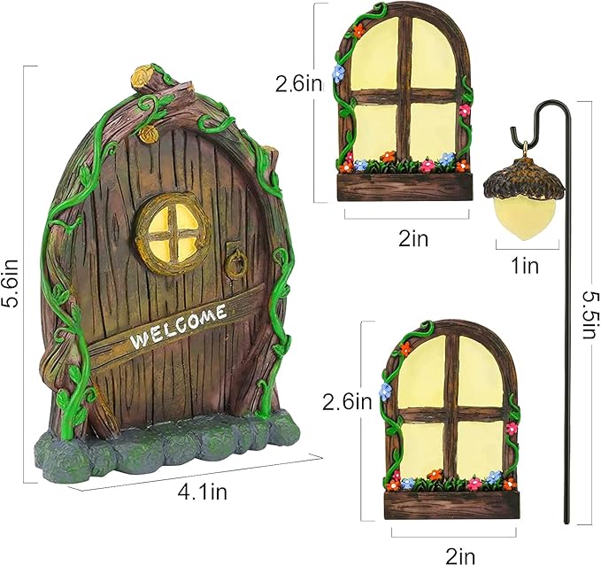 Resin Fairy Door & Window Set with Glow in The Dark Windows, Miniature Sculpture for Trees, Outdoor Decor Accessories