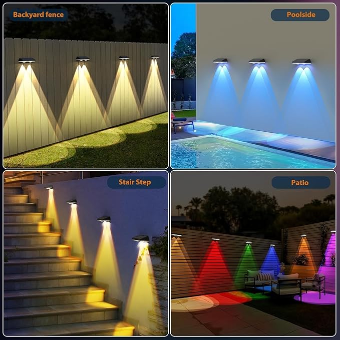 Solar Fence Lights,RGB & Warm White & 6 Colors Bright Lens LED Dusk to Dawn Deck Light Outdoor Waterproof, Solar Outdoor Lights for Backyard/Railing/Wall/Step/Patio/Pool (16Pack)