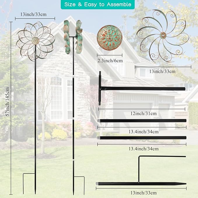 Wind Spinners Outdoor Wind Spinner Metal 13” Dia Wind Spinners for Yard and Garden Decor Pinwheels Wind Sculptures & Spinners(57” H)