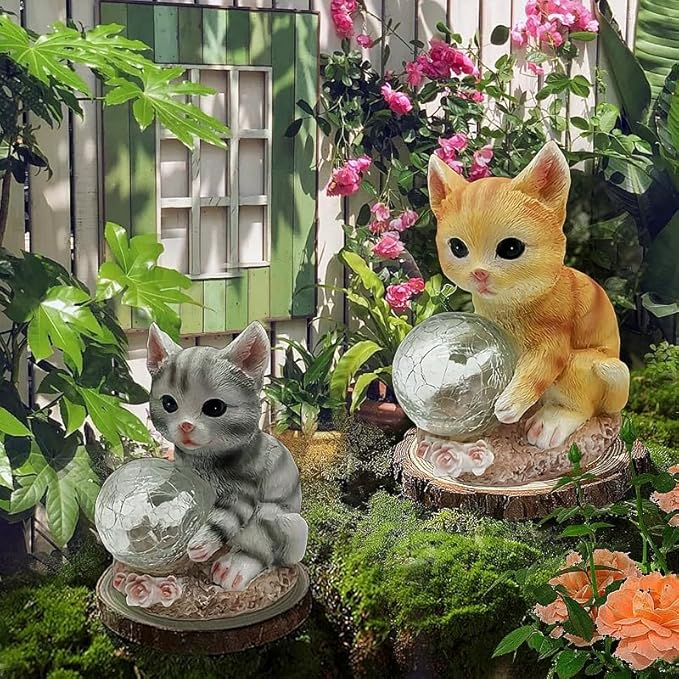 coolboy Solar Cat Outdoor Garden Statue,Waterproof LED Lights Outdoor Decor,Resin Cat Ornament,Solar Lantern Indoor Figurines for Patio Garden Table Decor