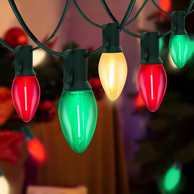C7 LED Christmas Lights Outdoor, 25FT Clear Red Green and Frosted White Christmas String Lights with 27 LED Energy-Efficient Bulbs, Hanging Christmas Decorations Lights for Party Patio Garden Yard