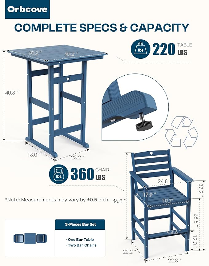 3-Piece Bar Height Patio Table and Chairs Set, HDPE Wood Grain Outdoor Bar Table and Chairs with Heart Cutout Design, Weather-Resistant Bar Height Furniture for Deck, Porch, Pool (Navy Blue)