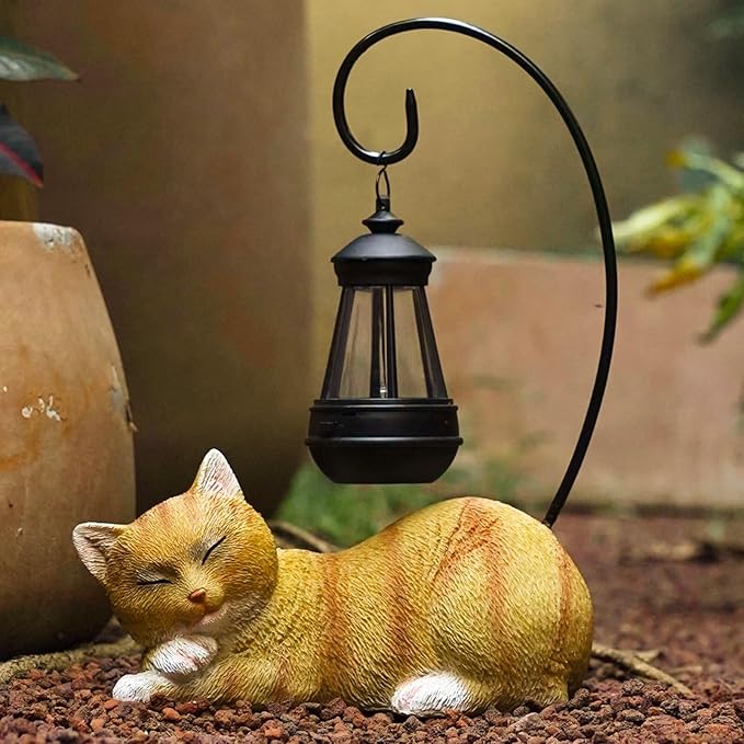 Solar Lantern Cat Statue Outdoor Garden Decor, 13 Inch Tall Cat Statues Resin Cat Figurine with Solar Light, Outdoor Statue Garden Cat Statue Decor for Pathway Yard Lawn Patio & Porch, Gift for Mom