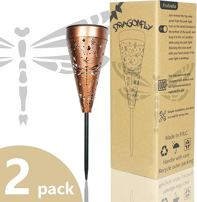 2-Pack Dragonfly Outdoor Solar Pathway Lights, Metal Garden Path Decorations, Waterproof Landscape Lighting for Yard, Lawn, Walkway – Gifts for Women, Mom, Grandma