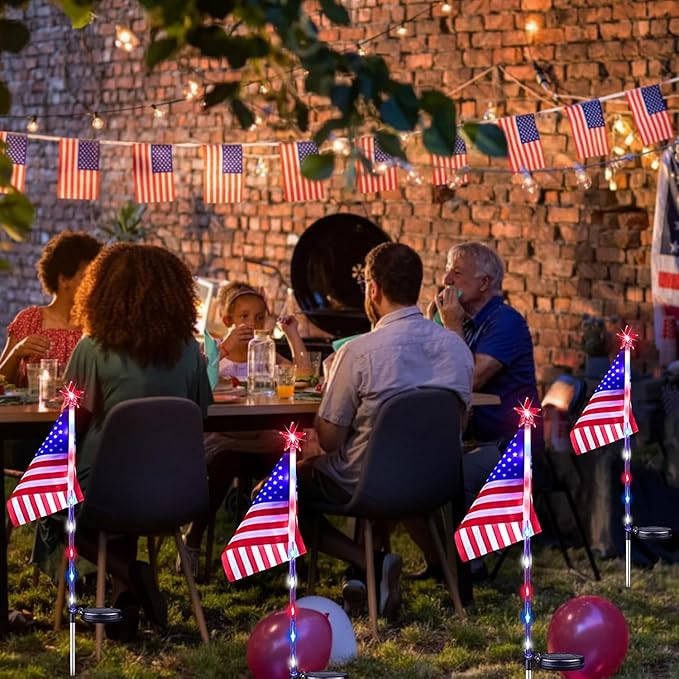 6 Pack 4th of July Decorations Outdoor Solar Lights, Red White and Blue Star Lights for National Day with American Flag, 2 Modes Waterproof Patriotic Light for Independence Memory Day Garden Yard Path
