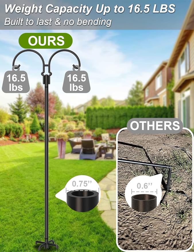 Outdoor Double Shepherds Hook with 5 Prong Base, 60 Inch Adjustable Heavy Duty Two Sided Bird Feeder Pole Stand for Hanging Plant Baskets, Solar Light Lanterns, Hummingbird Feeder, 2 Pack