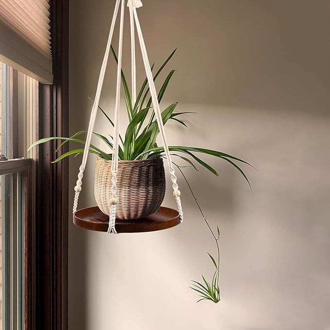 Macrame Plant Hanger - 2 Set Indoor Hanging Planter Shelf - Hanging Planter Rack Decorative Flower Pot Holder - Handmade Cotton Plant Hangers with Wood Tray Boho Home Decor