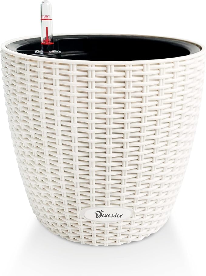 Dexceder 9x8 Inches Rattan Self Watering Planter Indoor Outdoor, Inner Pot Design, Thickened Table Flower Plant Pot with Water Level Indicator (Ivory White)