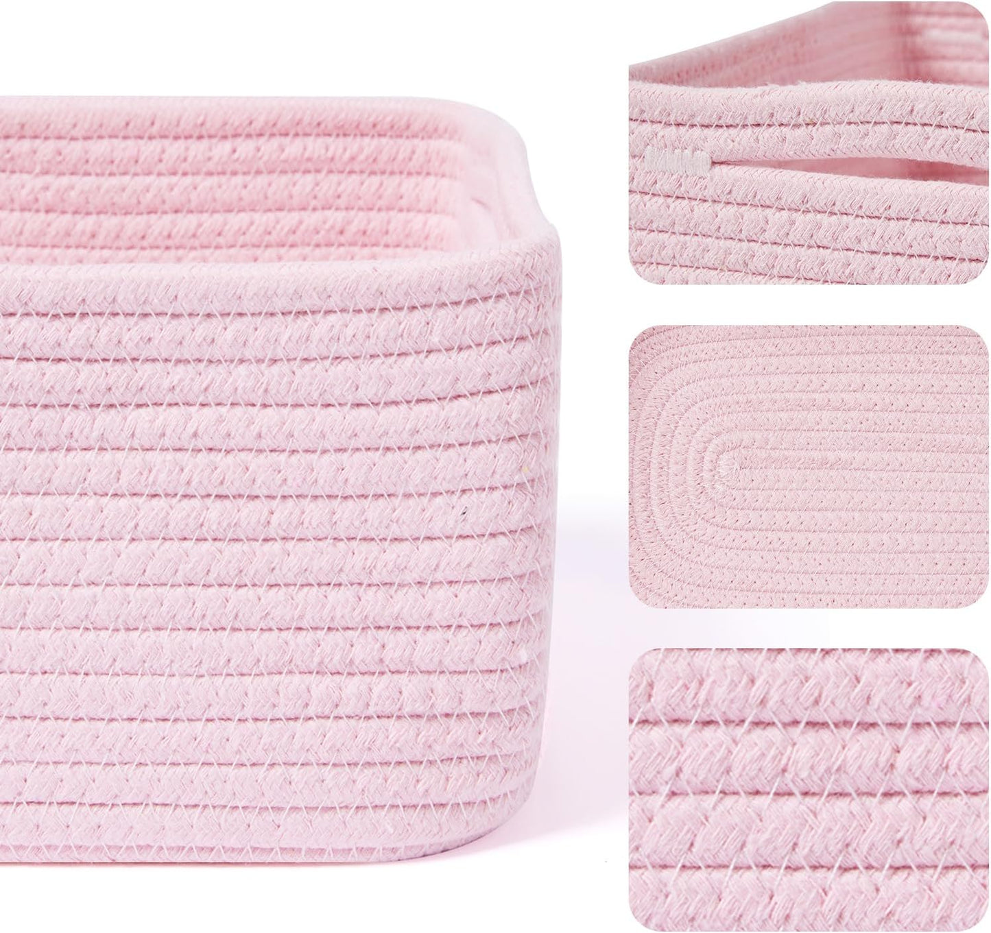 Small Storage Baskets for Organizing | Closet Organizer Bins | Shelf Toy Basket | Woven Rope Baskets | Cube Decorative Box | Shallow Basket | 13x8.5x5.1” | 3 Packs Pink