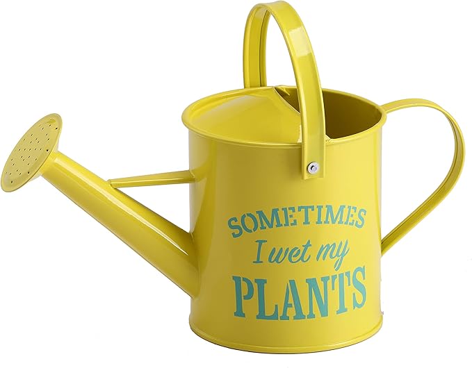 Small Indoor Watering Can - Gardening Gifts for Women -Sometimes I Wet My Plants- 1.6 L - Cute Watering Can for Gardeners - Yellow Galvanized Metal