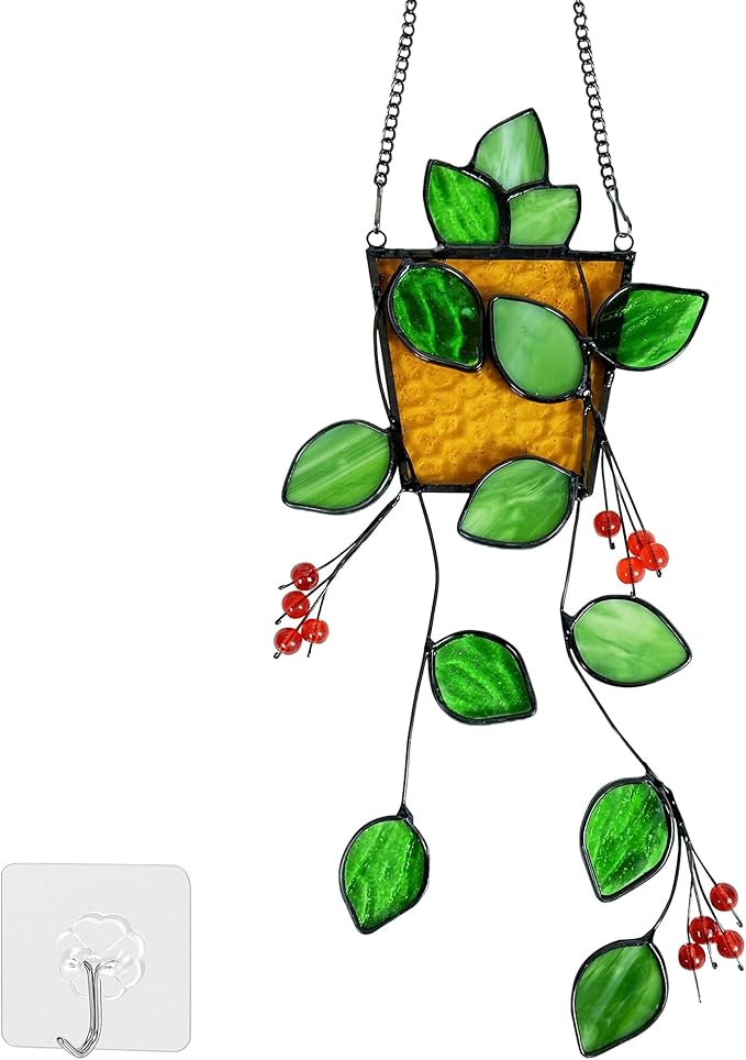 Royxen Stained Glass Window Hanging, Sun Catcher, Suncatchers for Windows Hanging, Green Plants with Yellow Pot