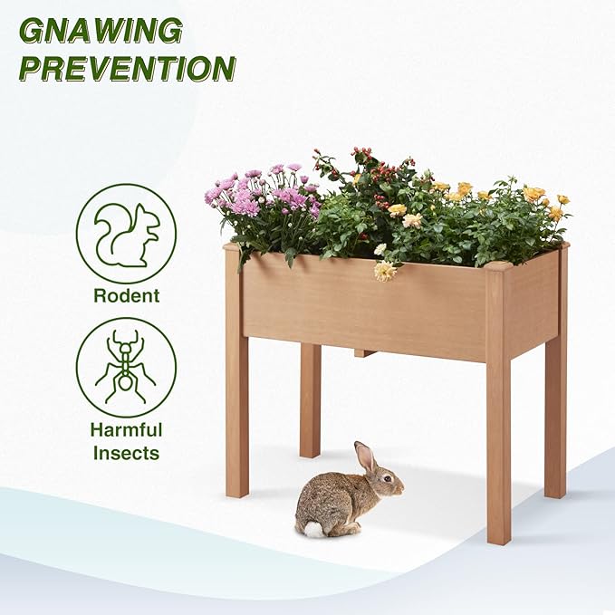 Psilvam Raised Garden Bed with Legs, Poly Lumber Raised Planter Box, Outdoor Elevated Garden Bed Suit for Backyard, Patio, Balcony 34" D x 18" W x 30" H（Teak Color）