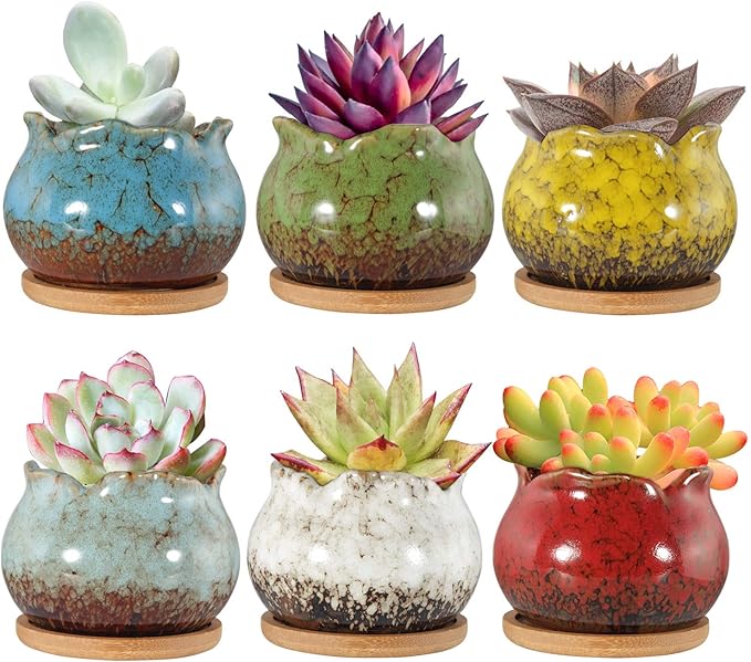 Laerjin Succulent Pots, 4 Inch Ceramic Plant Pots and Drainage Hole with Bamboo Tray, Colorful Flower Planter Pot, Pack of 6, Plants Not Included