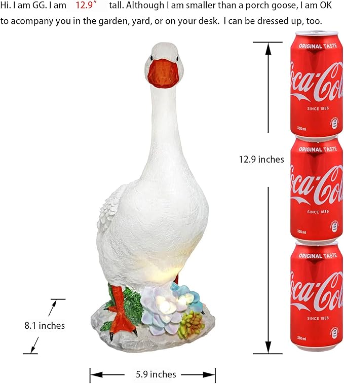 Resin GG Goose Statue with Solar Lights, Small Size, Garden Lawn Décor, Table Desk Corner Front Steps Decor, 12.9 inches Tall, White Duck, Indoor/Outdoor, by GGTown TM