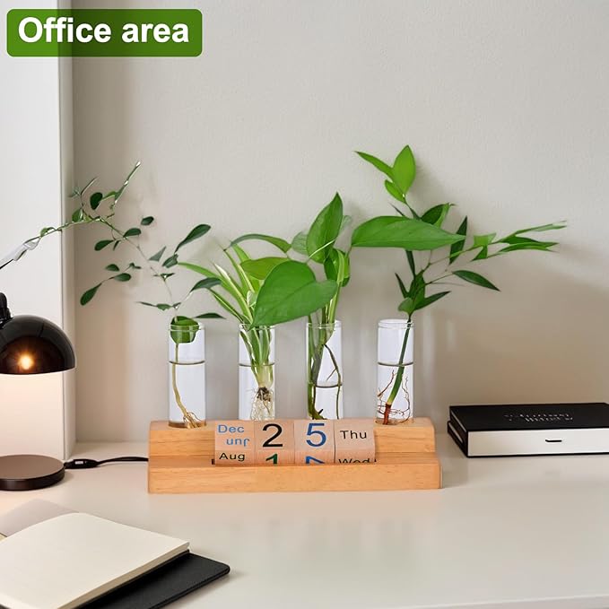 Propagation Vases for Plants, with Block Calendar for Desk, for Home and Desk Decor, Perfect Gardening Gifts for Women, Mom, Teacher, Horticulturist (Dark Wood Color)