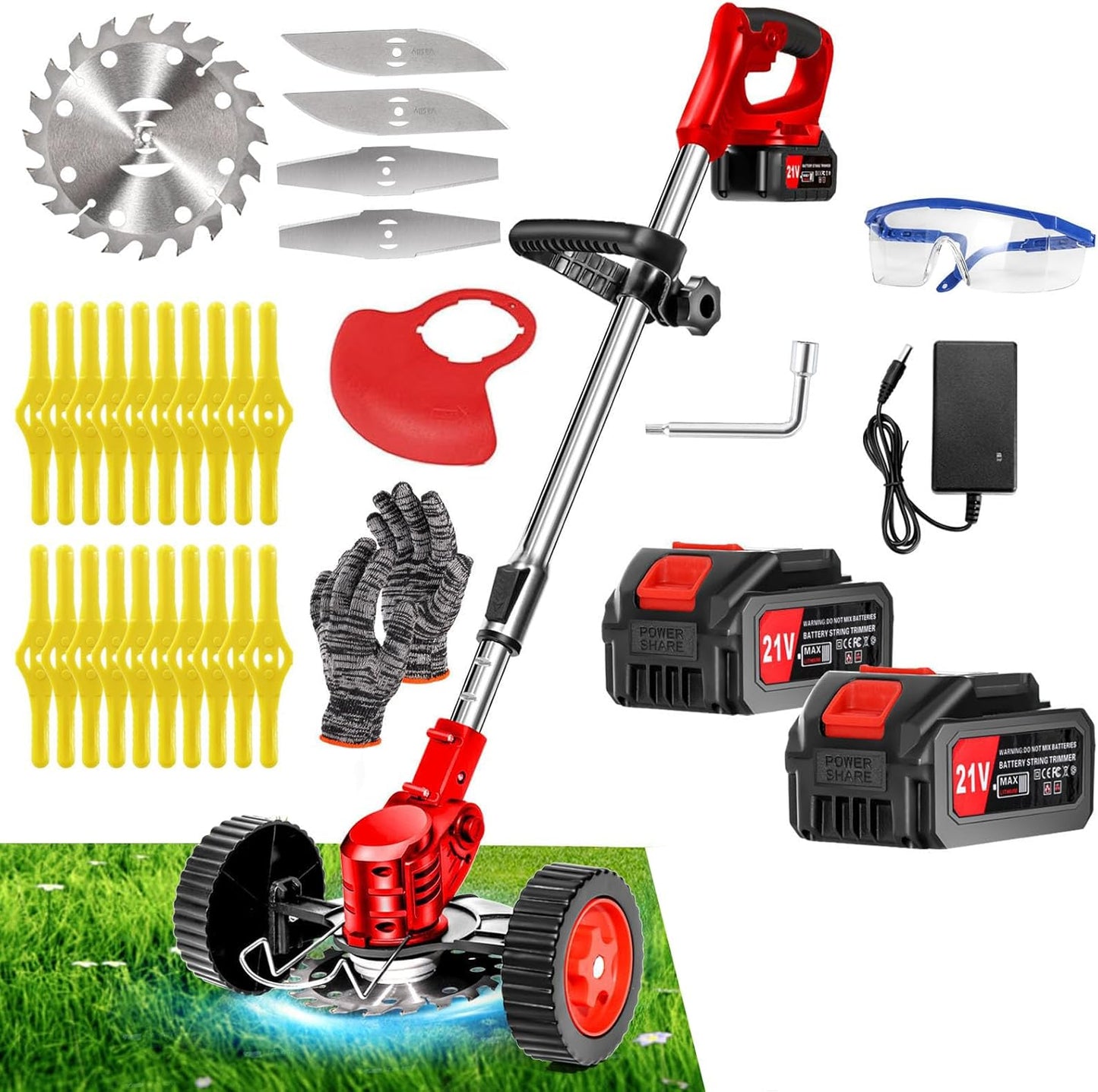 Cordless Weed Wacker, Electric Grass Trimmer 21V 4.0Ah Battery Powered Weed Trimmer, 3 in 1 Stringless Lightweight Brush Cutter/Edger/Mower with 4 Types Blade & Wheels for Garden and Yard Lawn