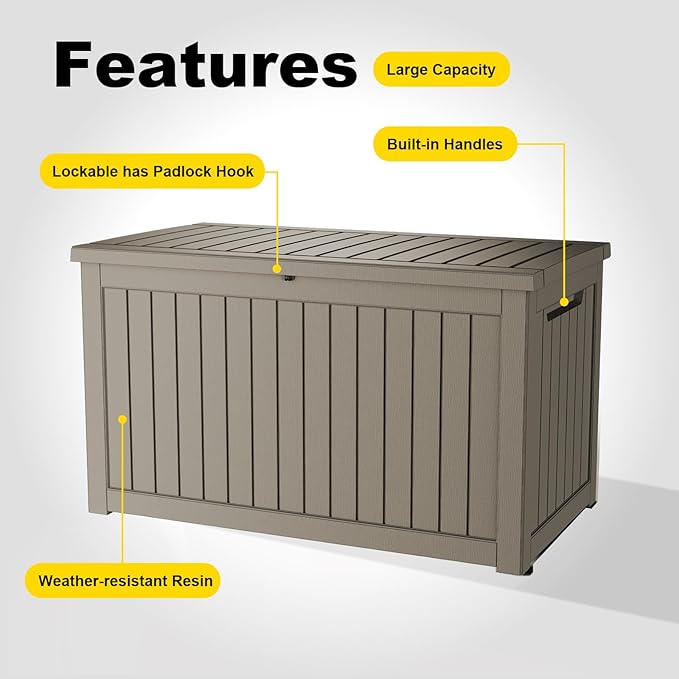 230 Gallon Outdoor Deck Box,Storage Lockable Waterproof Patio Furniture,Garden Tools,Cushions,Pool Accessories Outside Storage Resin Box(Grey)