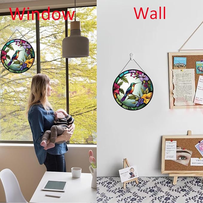 Hummingbirds and Flowers Pattern Hanging Stained Glass Suncatcher,Stained Glass Suncatchers for Windows,20cm/7.87inch Hand-Painted Sun Catcher Garden Painted Glass Panel Decor Themed Gift